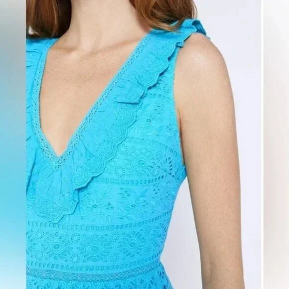 Alice + Olivia Ruffled Eyelet Mini Dress Sleeveless Size 10 in Marine Blue NWT